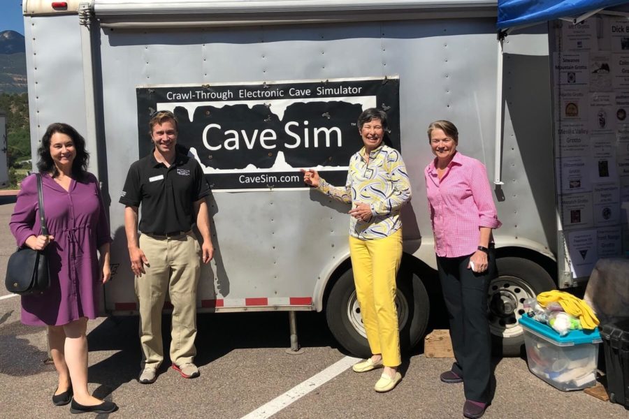 Colorado Springs, CO: Philanthopist Lyda Hill (2nd from right) and friends with CaveSim inventor Dave Jackson