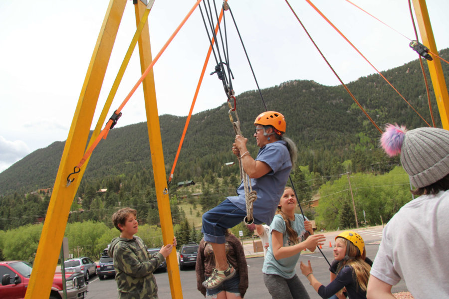 Ute Pass, CO: 6th graders lift their teacher up the CaveSim tower